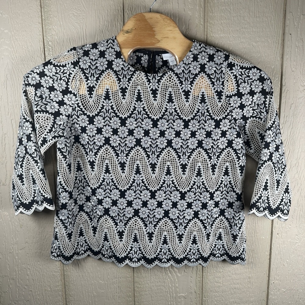 J. Jill Floral Embroidered Scallop Hem 3/4 Sleeve Lace Blouse Top MP Black Beige